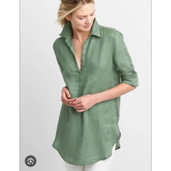 Gap Womens XS Boyfriend Tunic Top 100% Linen Popover Green Long Sleeve - Picture 11 of 12